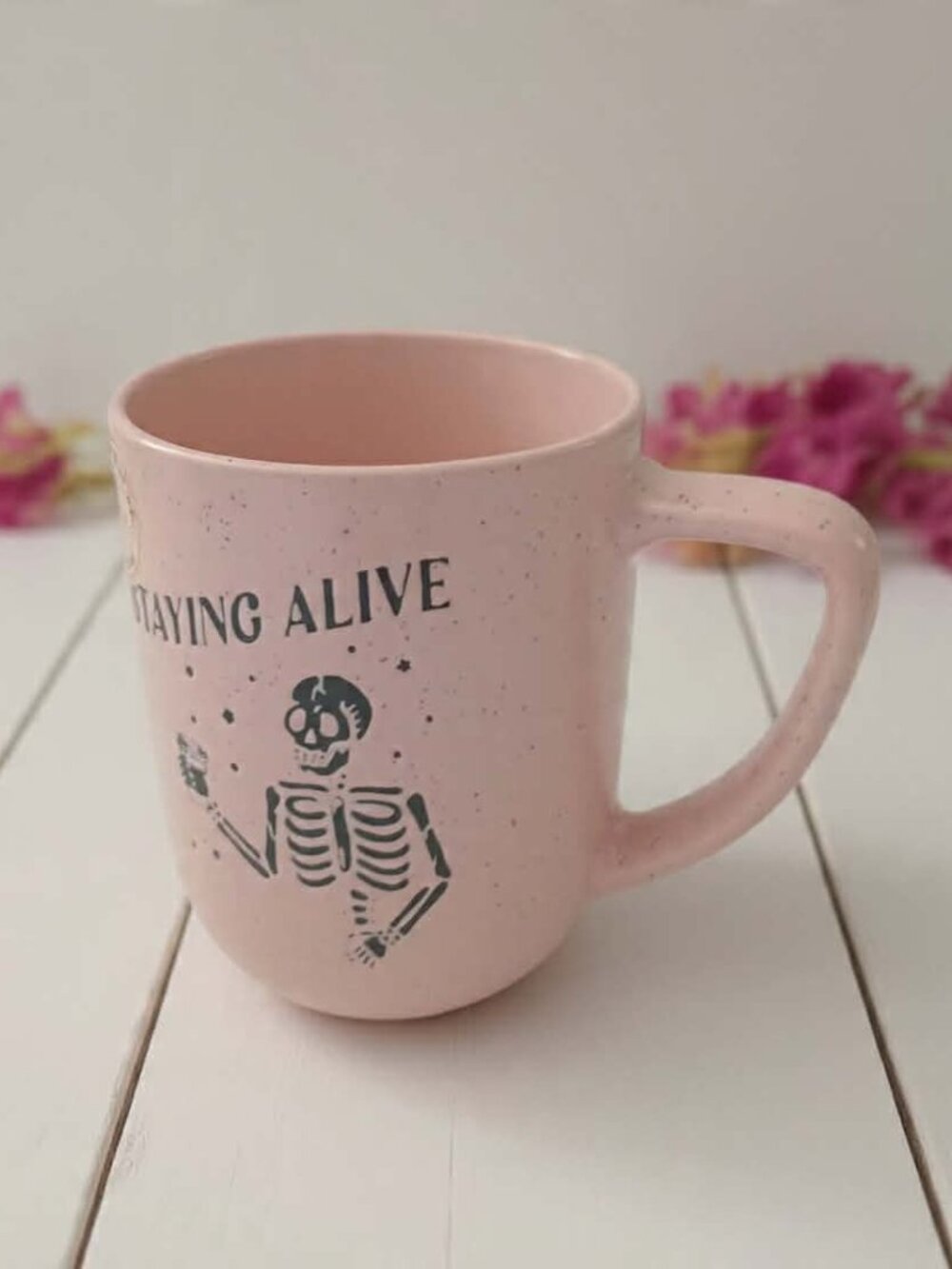 MRKT Market Finds Pink Skeleton “Staying Alive” Mug 4.5"